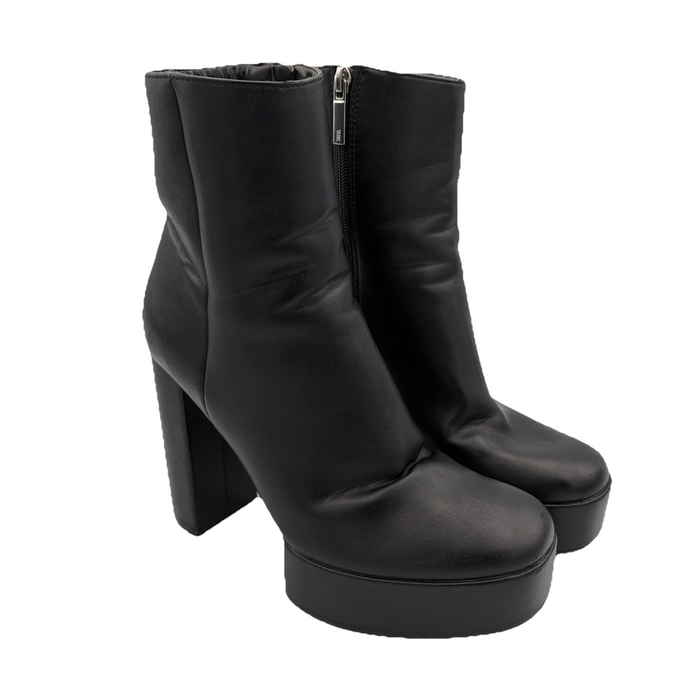 Zara Boots Women's US 8 EU 39 Black Faux Leather Platform Heel Ankle Retro Chic